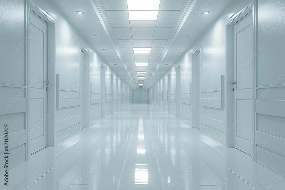 A meticulously symmetrical image of an empty, bright white corridor with closed doors on both sides, evoking a sense of cleanliness, order, and modern design principles. A meticulously symmetrical image of an empty, bright white corridor with closed doors on both sides, evoking a sense of cleanliness, order, and modern design principles.