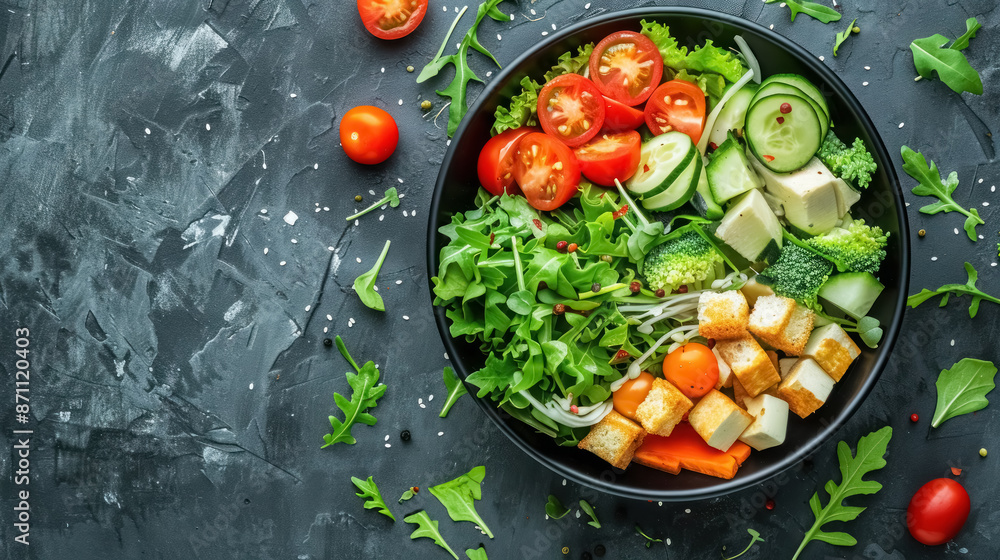 fresh organic green salad with grilled tofu and vegetables on dark background fresh organic green salad with grilled tofu and vegetables on dark background