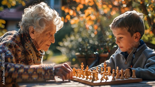 A peaceful park scene with an elderly woman playing chess with a young boy, both deeply engaged in the game, illustrating the intergenerational exchange of knowledge and the beauty of intellectual