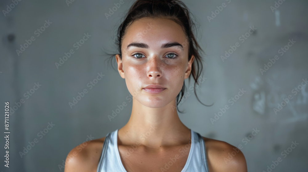 A young woman is wearing sportswear and standing in front of a gray background. A young woman is wearing sportswear and standing in front of a gray background.
