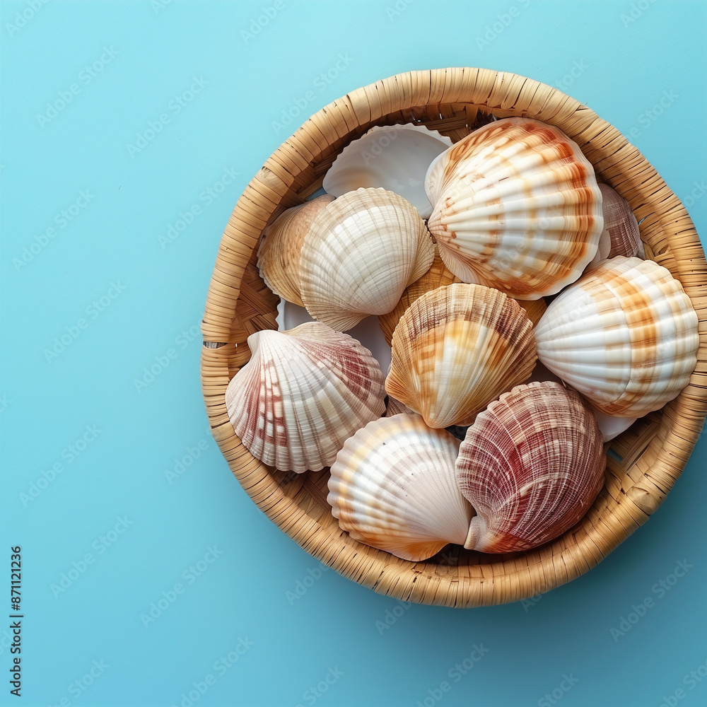 Rattan Container Sea Shells Close-up on Sky Blue Background Rattan Container Sea Shells Close-up on Sky Blue Background
