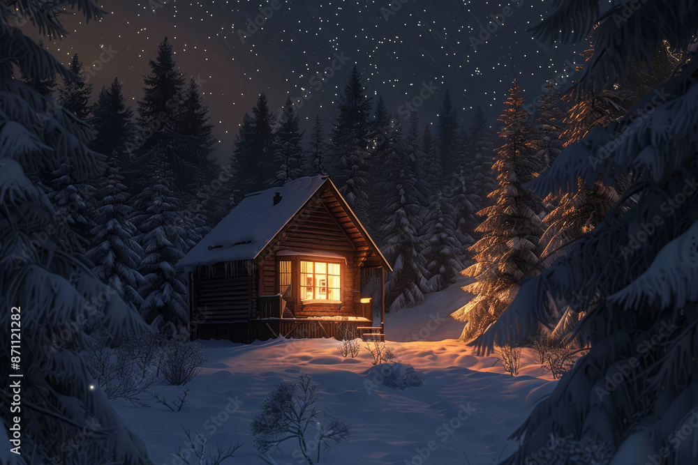Fototapeta premium Charming log cabin in a snowy forest illuminated at night