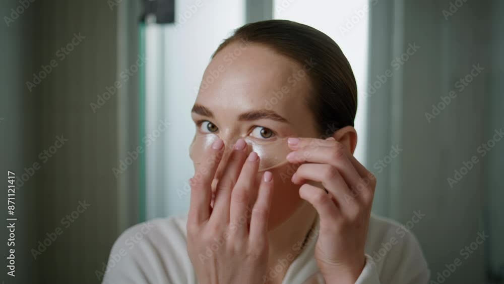 Model using eyes patches in bathroom closeup. Delicate daily beauty routine.