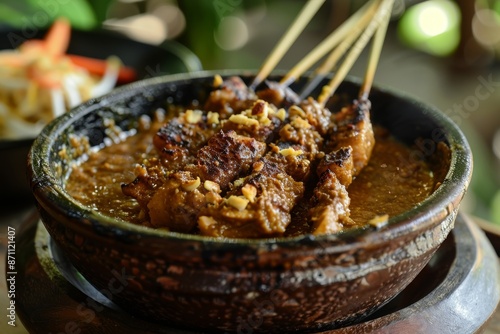 Bogor s famous dish Cow skin skewers with peanut sauce photo