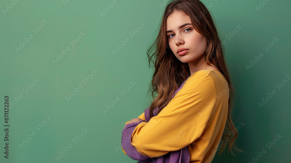 A stylish and attractive young woman with long hair is looking with interest at something in front of her. She is wearing a purple and yellow outfit and is standing against a green background. A stylish and attractive young woman with long hair is looking with interest at something in front of her. She is wearing a purple and yellow outfit and is standing against a green background.