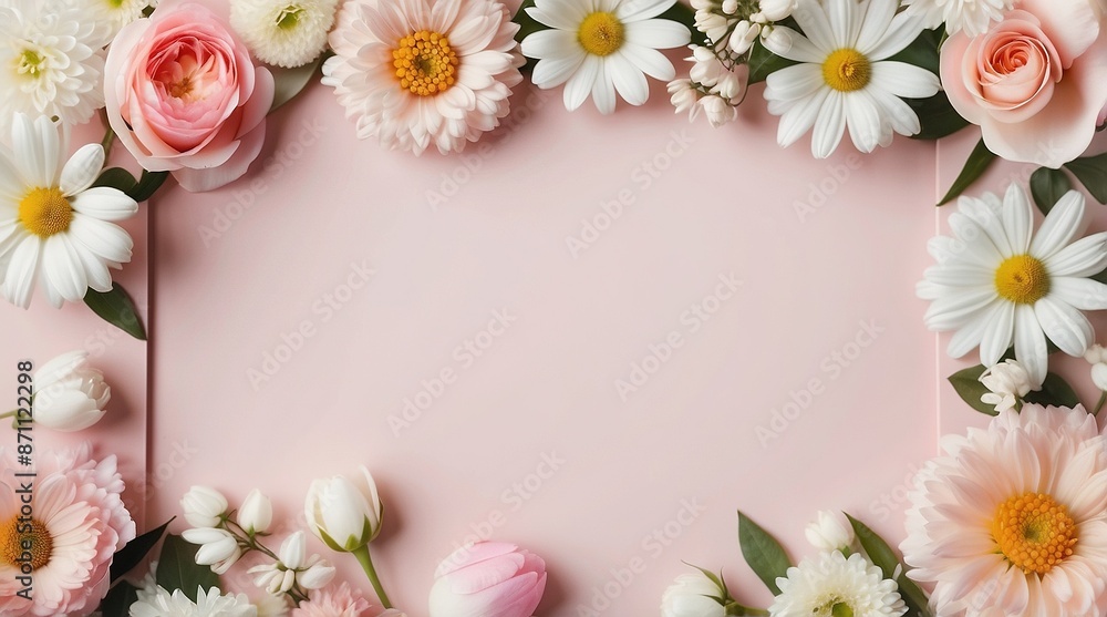 Pink and white spring holiday background with various cute tender flowers. Valentine day Pink and white spring holiday background with various cute tender flowers. Valentine day