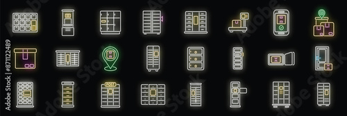 Self-service parcel delivery icons set outline vector. Locker automat. Parcel station neon color on black