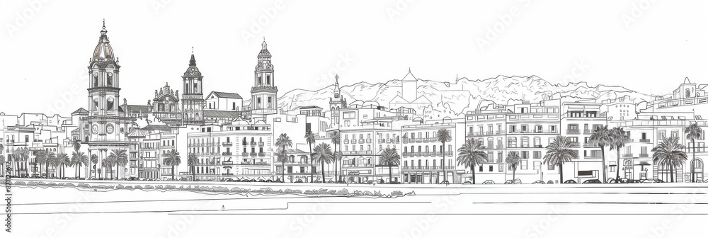 Malaga, tourist attractions, travel in Spain. Horizontal banner, free space for text, black and white illustration. Postcard from Malaga. Costa del Sol, Andalusia, Spain. Tourism concept. Malaga Day Malaga, tourist attractions, travel in Spain. Horizontal banner, free space for text, black and white illustration. Postcard from Malaga. Costa del Sol, Andalusia, Spain. Tourism concept. Malaga Day