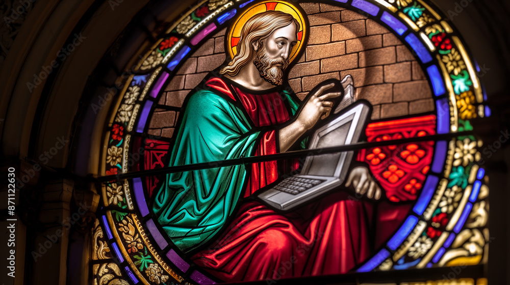 Stained glass of a church showing a modern Jesus with a laptop. Stained glass of a church showing a modern Jesus with a laptop.