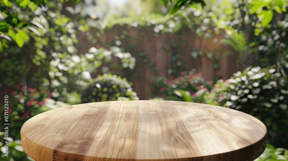 Fototapeta premium Garden setting with a soft focus and empty round wood tabletop counter, perfect for food or drinks presentation. Empty round wood tabletop counter