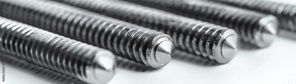 Stainless steel threaded bars arranged in a grid pattern on a white background, emphasizing their uniformity and industrial quality, ideal for engineering visuals Stainless steel threaded bars arranged in a grid pattern on a white background, emphasizing their uniformity and industrial quality, ideal for engineering visuals