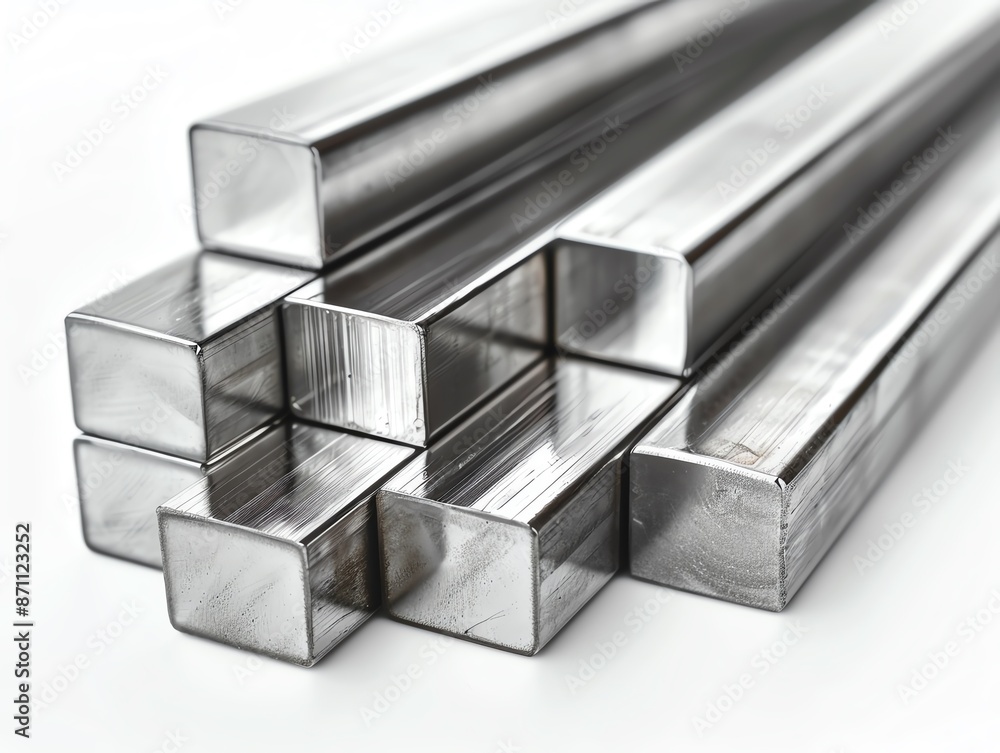 A set of square aluminum bars in varying sizes, isolated on white, showcasing the reflective surface and clean edges, perfect for high-tech and manufacturing themes A set of square aluminum bars in varying sizes, isolated on white, showcasing the reflective surface and clean edges, perfect for high-tech and manufacturing themes