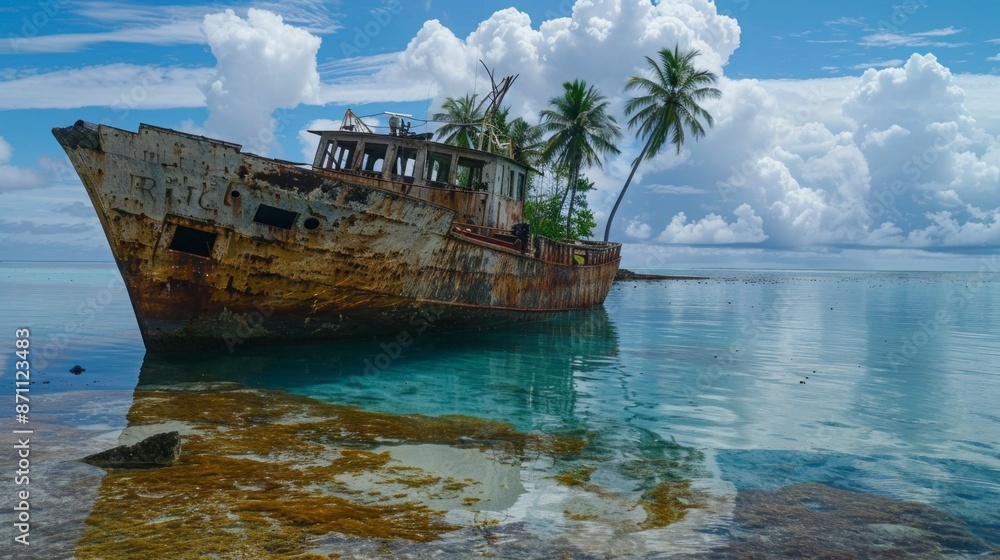 A weathered ship lies half-submerged in the crystal-clear waters of Micronesia, surrounded by palm trees and a backdrop of fluffy clouds A weathered ship lies half-submerged in the crystal-clear waters of Micronesia, surrounded by palm trees and a backdrop of fluffy clouds