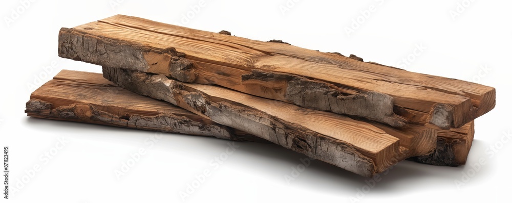 Fototapeta premium A stack of rustic wooden planks showcasing a rugged, aged texture, perfect for use in construction, crafts, or as a decorative element with a weathered look.