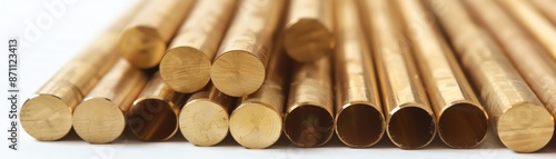 Assortment of brass round bars in various diameters on a white background, highlighting their golden hue and industrial finish, great for plumbing and decorative purposes