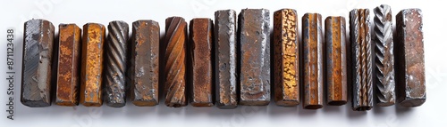 Assortment of deformed reinforcing bars in various lengths on a white background, emphasizing their strength and rough texture, suitable for building and construction use