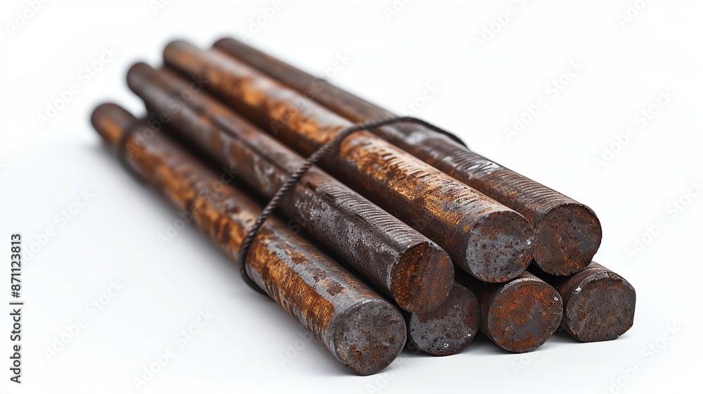 Bundle of round iron bars stacked together on a white background, emphasizing the raw, rugged texture and industrial feel, suitable for construction and engineering visuals Bundle of round iron bars stacked together on a white background, emphasizing the raw, rugged texture and industrial feel, suitable for construction and engineering visuals