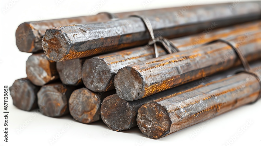 Bundle of spring steel bars stacked together on a white background, emphasizing the raw, rugged texture and industrial feel, suitable for construction and engineering visuals Bundle of spring steel bars stacked together on a white background, emphasizing the raw, rugged texture and industrial feel, suitable for construction and engineering visuals