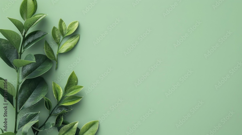 Minimal art design of hand drawn green leaves on a green background for wall decoration or greeting card Minimal art design of hand drawn green leaves on a green background for wall decoration or greeting card