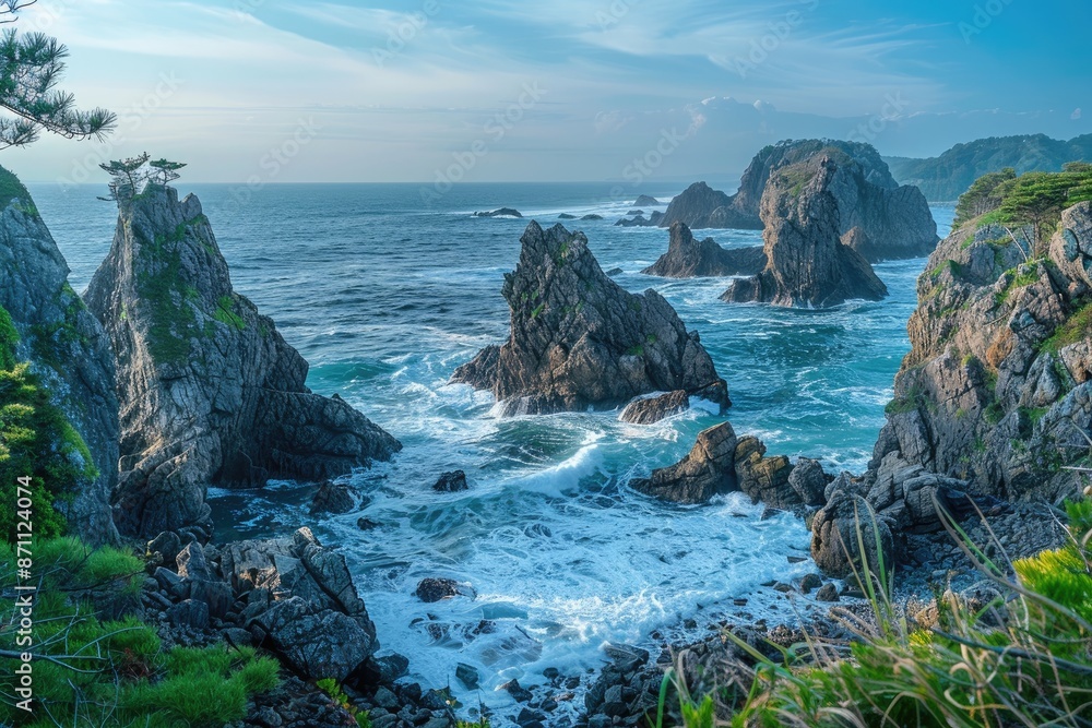 Obraz premium Breathtaking Rugged Coastline with Towering Rock Formations and Crashing Waves During Golden Hour