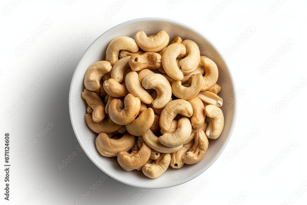 Cashew nuts in a white bowl isolated on white background Cashew nuts in a white bowl isolated on white background