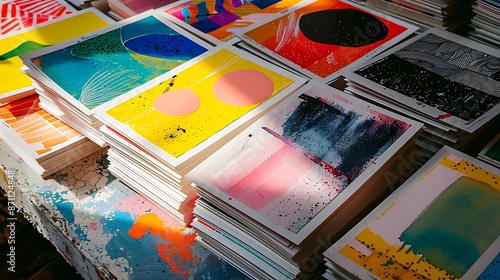 A flatlay composition featuring various risograph prints stacked on a textured surface, showcasing the diversity of design styles achievable with risograph