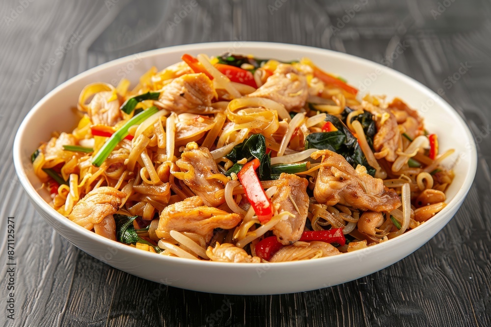 Chicken and rice noodle stir fry with gravy sauce Chicken and rice noodle stir fry with gravy sauce