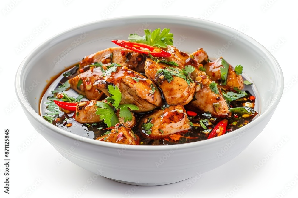 Chicken with black pepper sauce in a white bowl separate Chicken with black pepper sauce in a white bowl separate