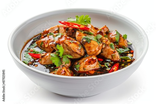 Chicken with black pepper sauce in a white bowl separate