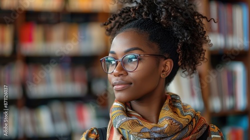 A young woman with glasses looks thoughtful, holding a book in a library filled with shelves of books, embodying intellectual curiosity, education, and academic pursuits.