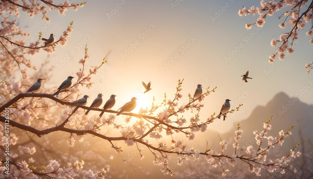 Fototapeta premium Flock of birds are singing happily on the branches of a tree with spring flower blossoms and sun light , spring season elegent background