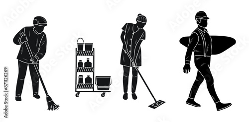 Figure janitor, cleaning lady, loader, silhouette outline sketch