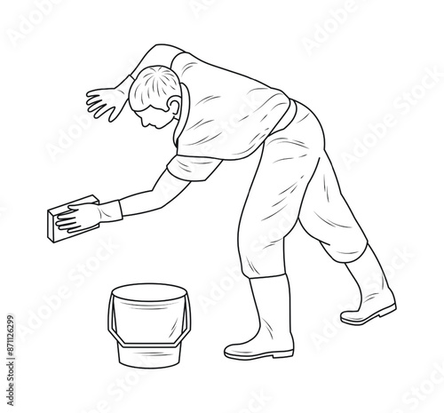 Car wash worker with washcloth bucket, sketch silhouette