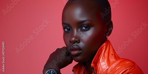 a african-american woman in a stylish jacket in front of a colorful background photo