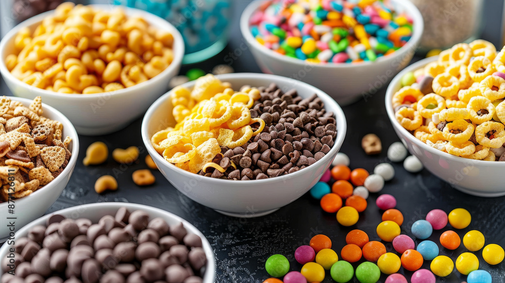 Assorted breakfast cereals in bowls on a table. Corn puffs, colorful loops, chocolate balls, and corn flakes. Assorted breakfast cereals in bowls on a table. Corn puffs, colorful loops, chocolate balls, and corn flakes.