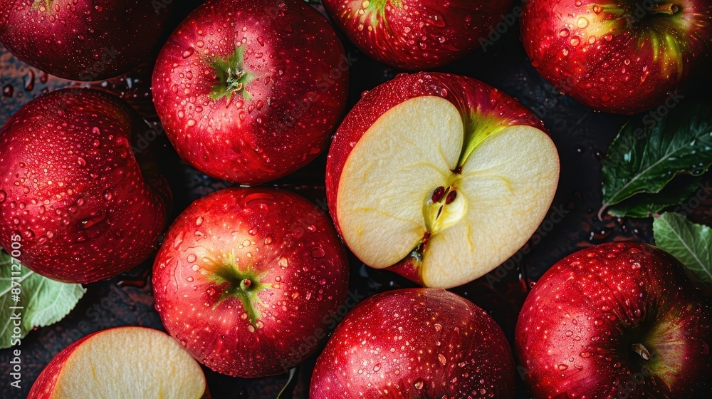 Close-up of fresh, vibrant red apples with water droplets on their skin, showcasing their crisp texture and juicy interior in natural light. Close-up of fresh, vibrant red apples with water droplets on their skin, showcasing their crisp texture and juicy interior in natural light.