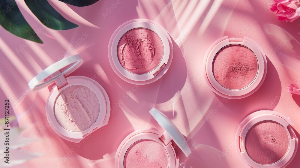 Pink Blush Compact Makeup Products on a Pink Background With Natural Light Pink Blush Compact Makeup Products on a Pink Background With Natural Light