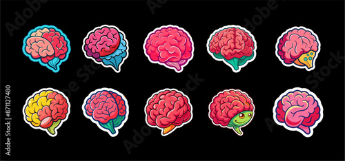 Brain cartoon character sticker set, illustration of a background, brain emoji isolated on black background.
