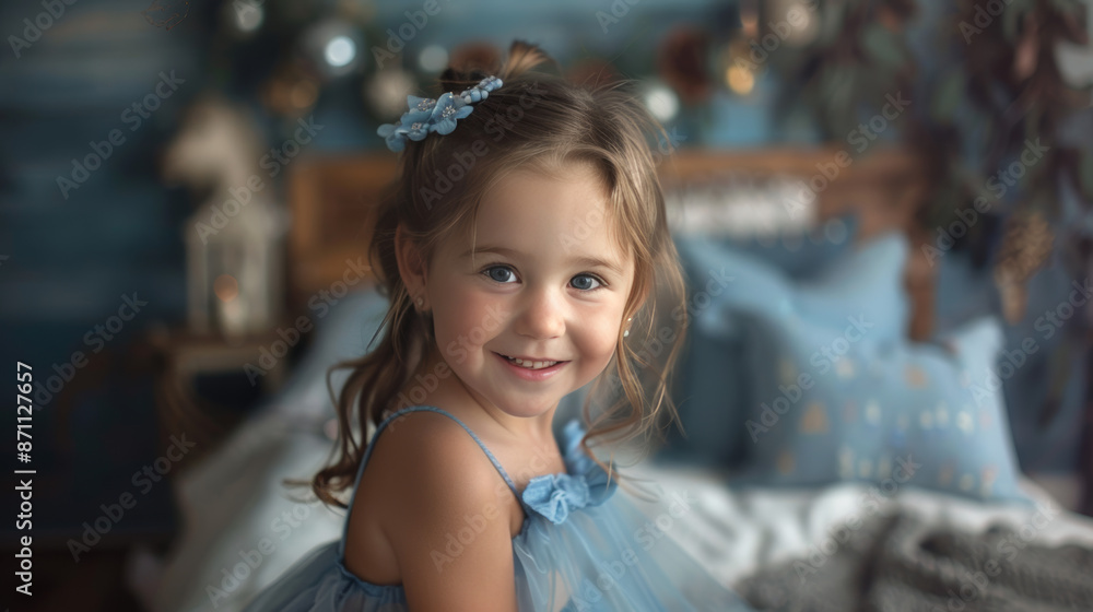 Fototapeta premium A little girl in a pretty blue dress smiles for the camera in her bedroom.