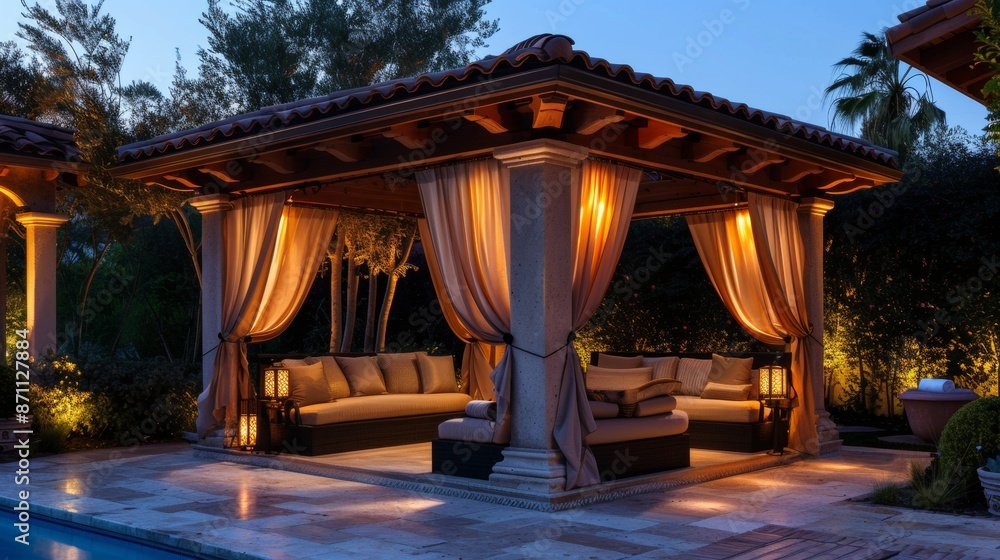 Evening Relaxation in a Backyard Pergola With a Pool and Patio Evening Relaxation in a Backyard Pergola With a Pool and Patio