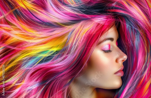 Vibrant and colorful hair with artistic, multicolored strands and modern makeup © Georgii