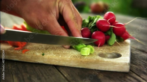 4K Ultra HD Video Close-Up of Cutting Leek with Knife