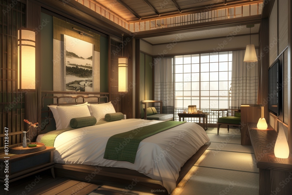 Japanese Bedroom with Natural Light. Generative AI. Japanese Bedroom with Natural Light. Generative AI.