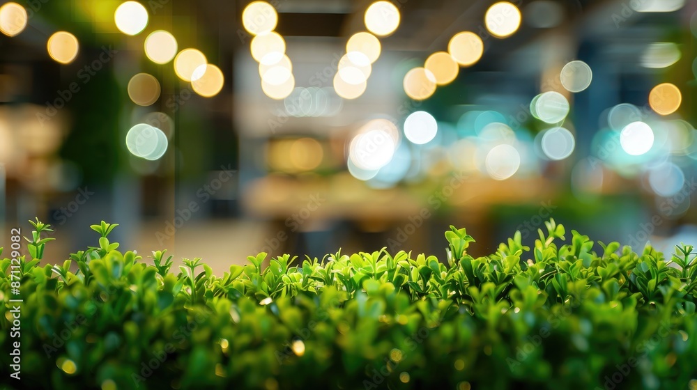 Obraz premium Green plant backdrop in shopping mall coffee shop with blurred light effects