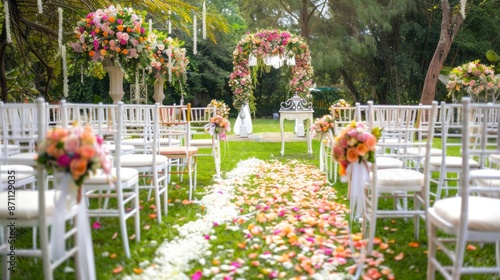 A wedding ceremony setup in a garden setting. White chairs are lined up facing a floral arch with a table in front. The aisle is decorated with flower petals