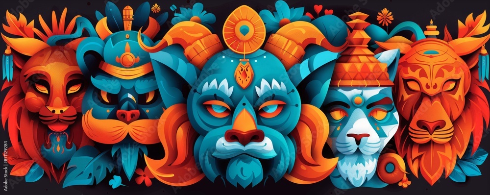 Fototapeta premium A digital illustration featuring colorful animalistic deities