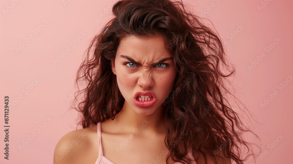 Furious young woman with curly hair expressing anger against a pink background. Captures intense emotion and raw expression in studio shot. Furious young woman with curly hair expressing anger against a pink background. Captures intense emotion and raw expression in studio shot.