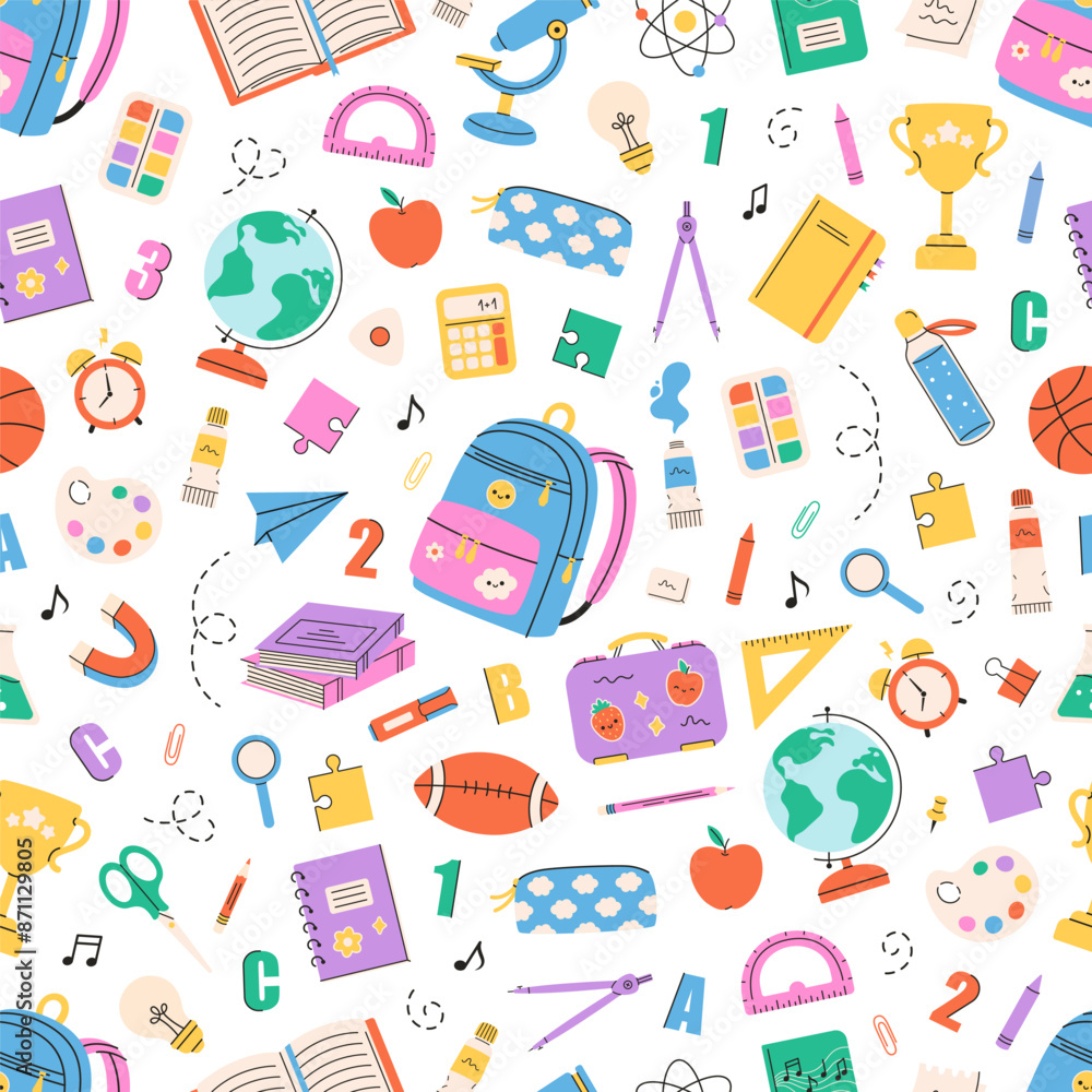 Seamless pattern with school supplies. Back to school. Vector illustration in flat style Seamless pattern with school supplies. Back to school. Vector illustration in flat style