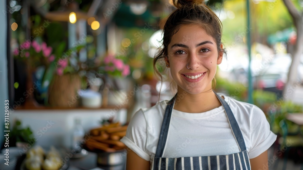 A smiling barista in a stylish apron stands in a busy café, showcasing her welcoming attitude and the lively, inviting nature of the coffee shop environment. A smiling barista in a stylish apron stands in a busy café, showcasing her welcoming attitude and the lively, inviting nature of the coffee shop environment.