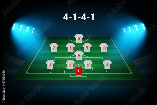 4-1-4-1 football team formation template. Soccer players with numbers. Vector template